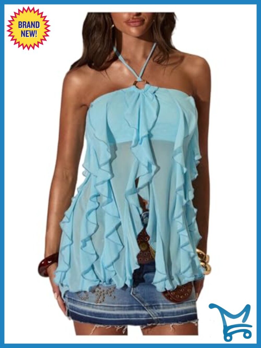 Women's Ruffle Halter Crop Top Sheer Sleeveless Tie Back
